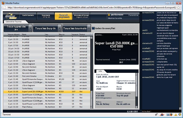 lobby du logiciel de poker d'eurosport